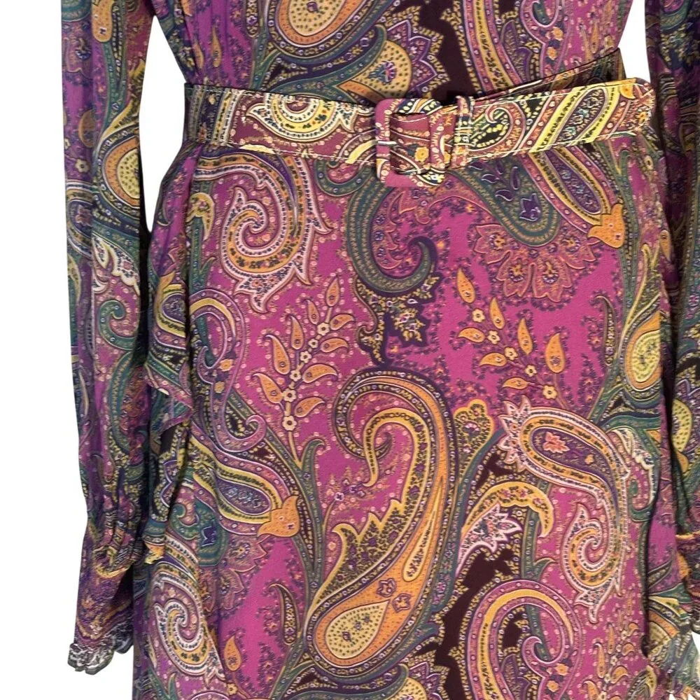 Hale Bob Paisley Print Long Sleeve Belted Dress L - Picture 5 of 13